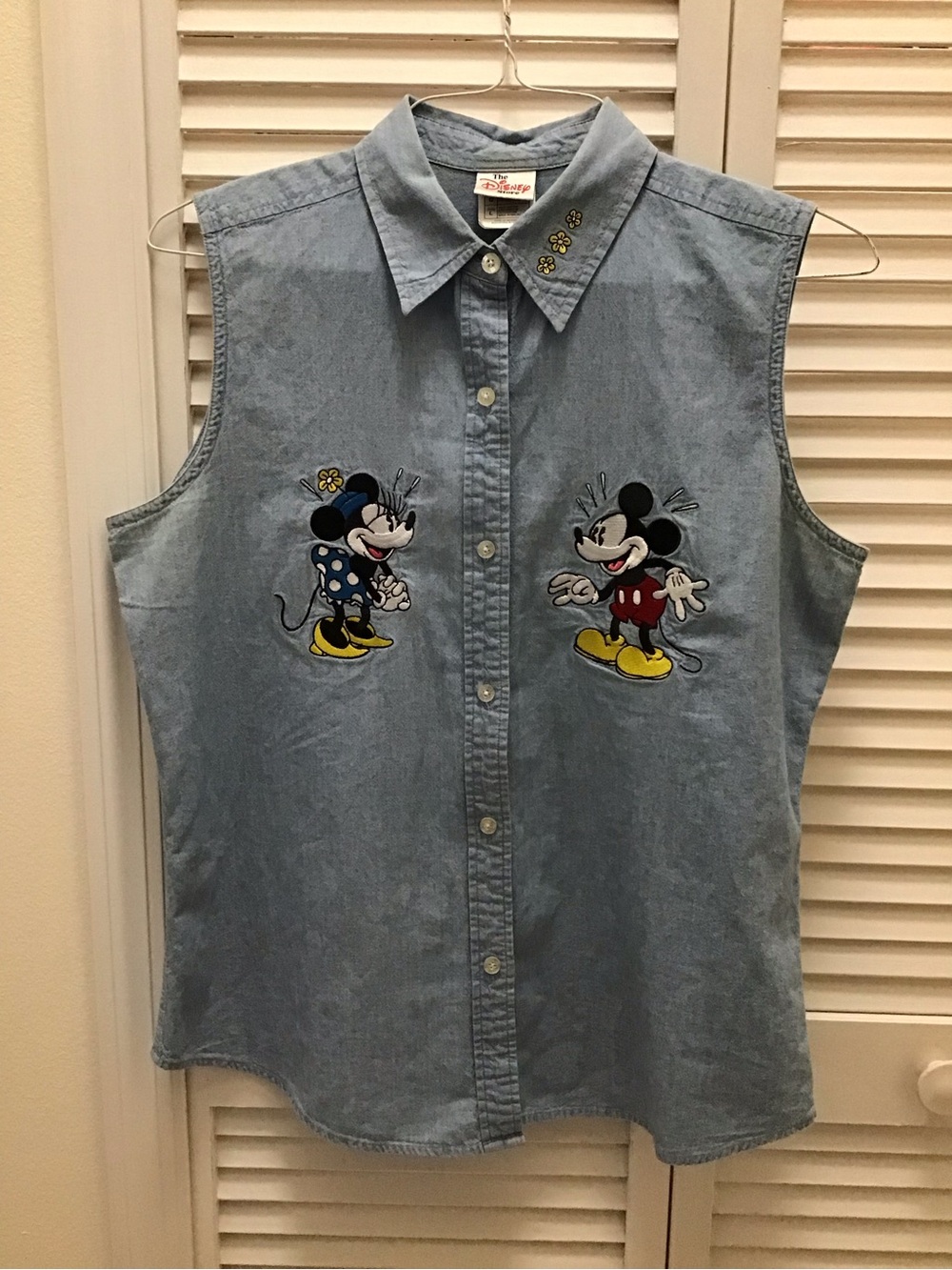 Disney Light Blue Denim Button-Up Sleeveless Top with Mickey & Minnie Embroidery